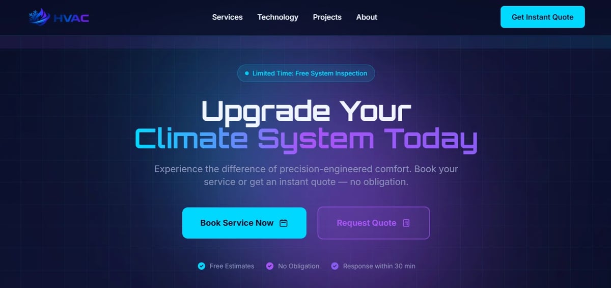 Website hero section for climate system upgrade service with call-to-action buttons