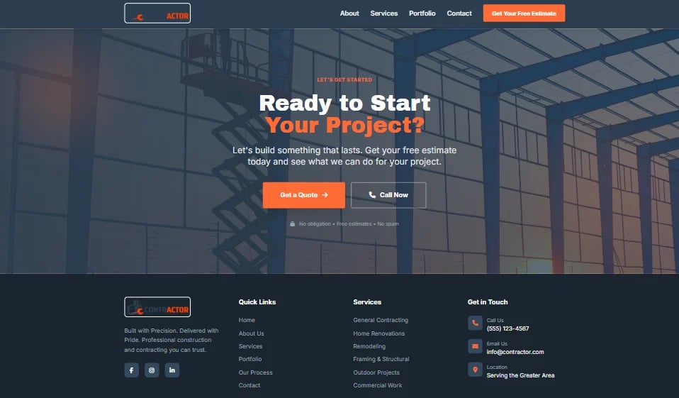 Website hero section with industrial interior background, Ready to Start Your Project headline
