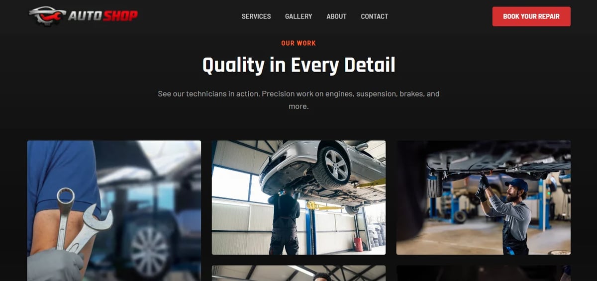 Auto repair shop website showing mechanics working on vehicles with tools and lifts