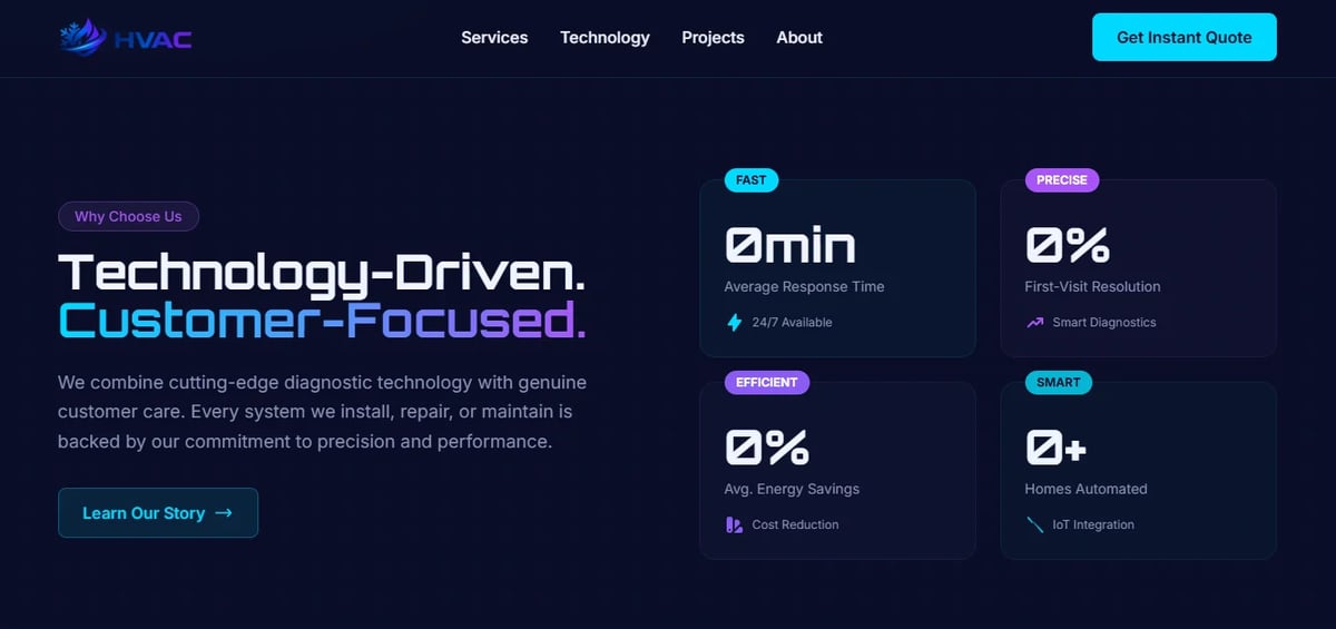 Dark website homepage for HVAC with Technology-Driven, Customer-Focused tagline