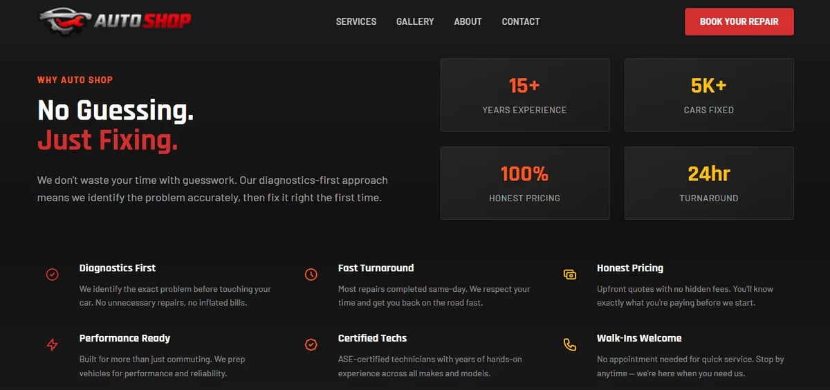 Auto shop website hero section with service highlights including 15+ years experience, 5K+ cars fixed, 100% honest pricing