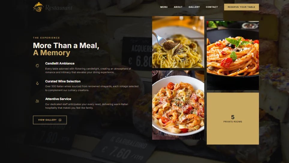 Italian restaurant website homepage featuring pasta dishes and tagline More Than a Meal, A Memory