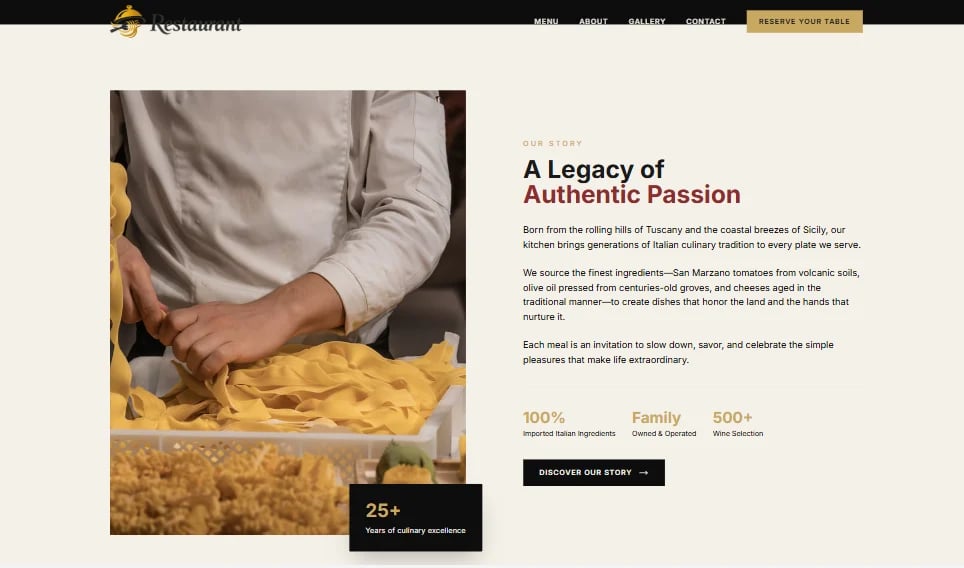 Hands kneading fresh pasta dough on a work surface with text about authentic Italian pasta-making tradition