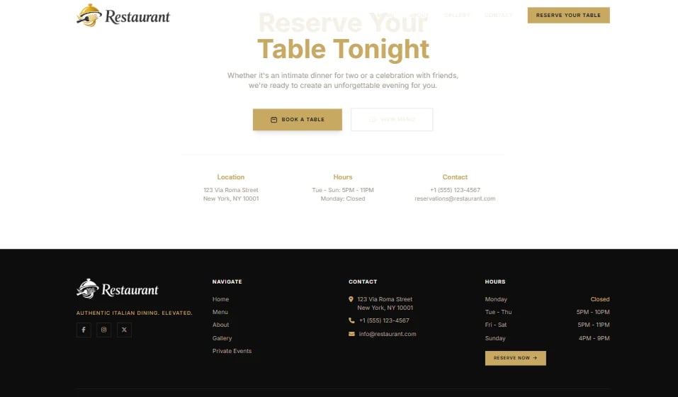 Restaurant website homepage with Reserve Your Table Tonight section, booking form