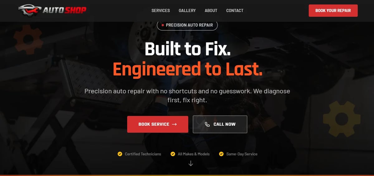 Auto repair shop website homepage with Built to Fix slogan, gear background, and booking buttons