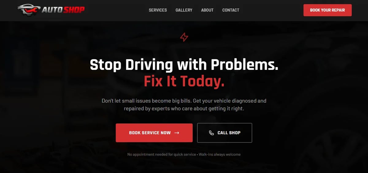 Auto repair shop website header with Stop Driving with Problems headline, Book Service Now and Call Shop buttons
