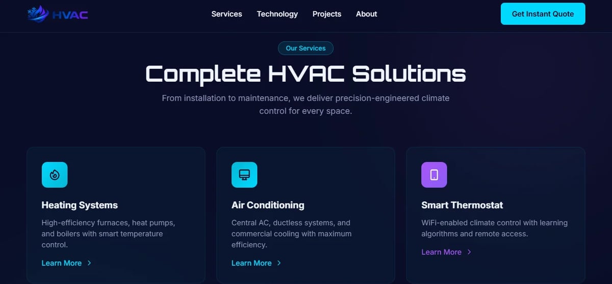 HVAC service website showing three main solutions: Heating Systems, Air Conditioning, and Smart Thermostat