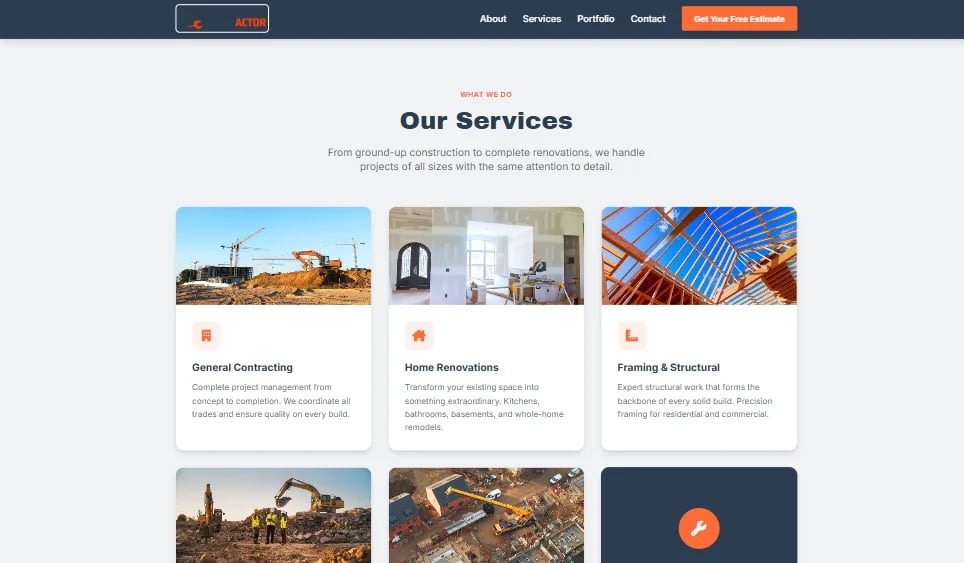 Website header showing Our Services section with three service categories: General Contracting, Home Renovations, and Framing