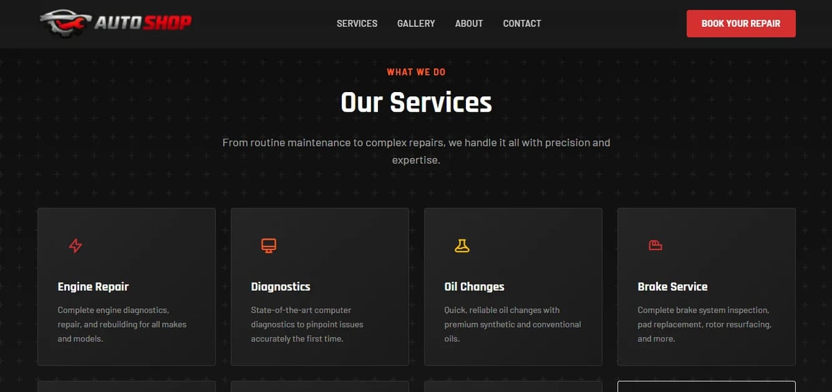Auto shop services section displaying four service options: Engine Repair, Diagnostics, Oil Changes, and Brake Service