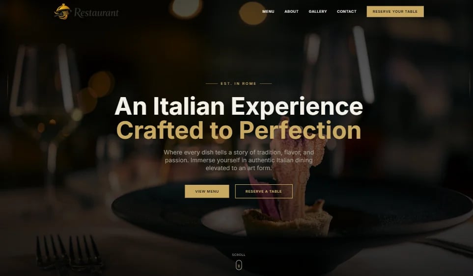 Fine dining restaurant website hero section featuring elegant plated food with fork and glass