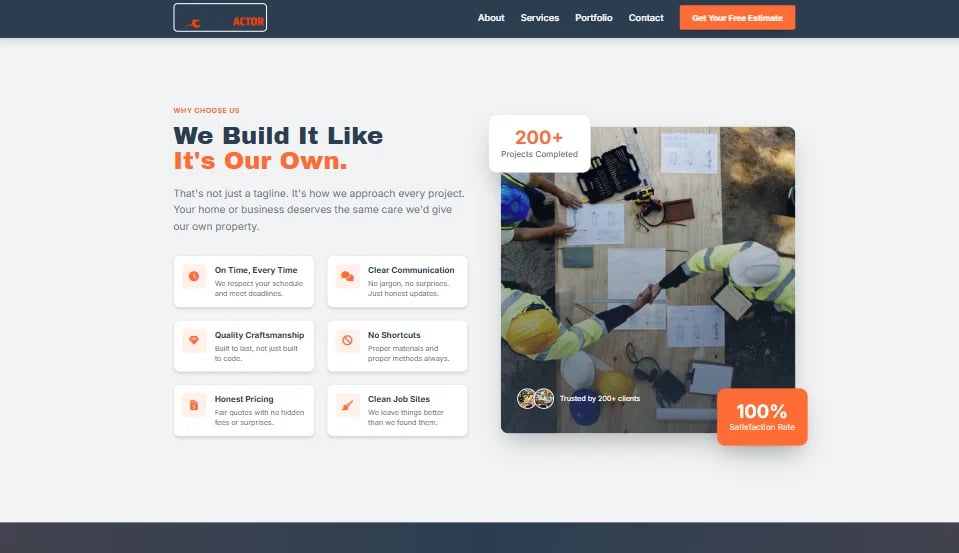 Website hero section showing We Build It Like Its Our Own heading with service features