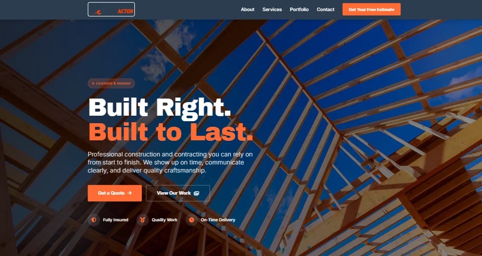 Construction website header with wooden roof framing and blue sky, featuring Built Right, Built to Last tagline