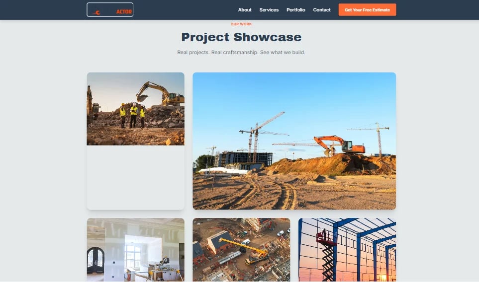 Project Showcase gallery displaying construction and development projects including heavy machinery, building sites