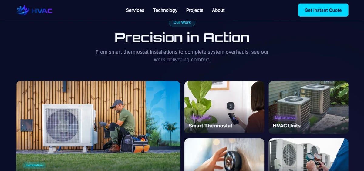 HVAC company website header showing precision HVAC services with grid of images