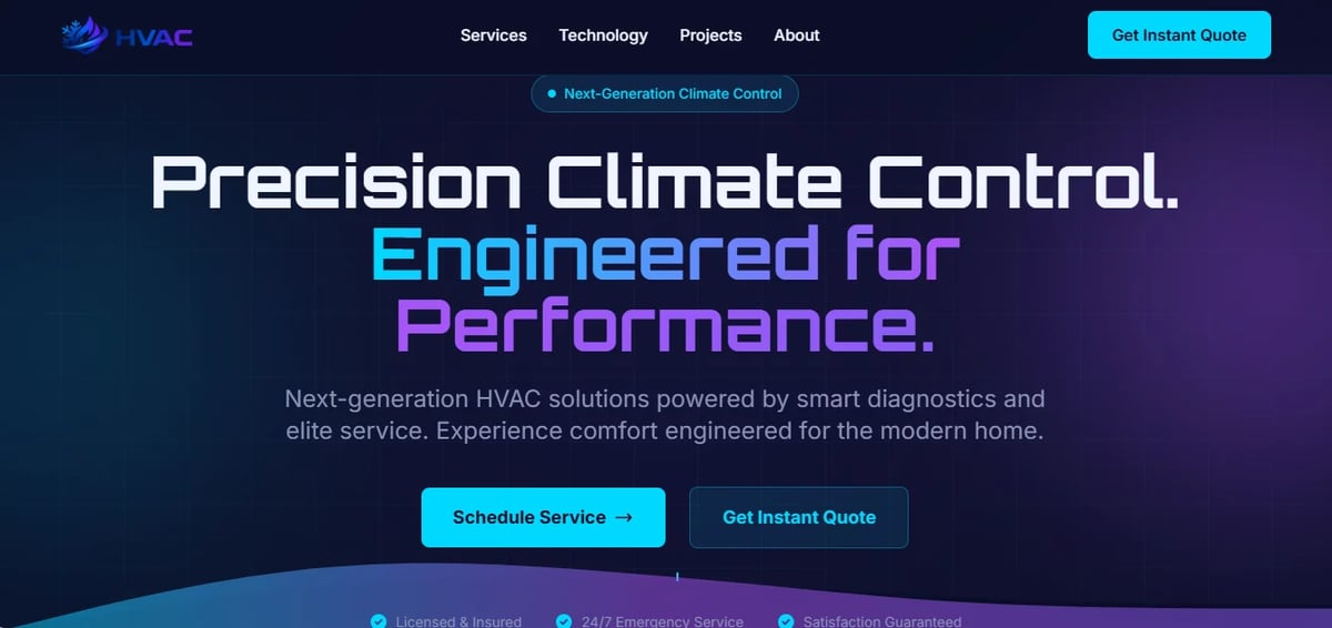 HVAC website hero section with Precision Climate Control tagline and call-to-action buttons