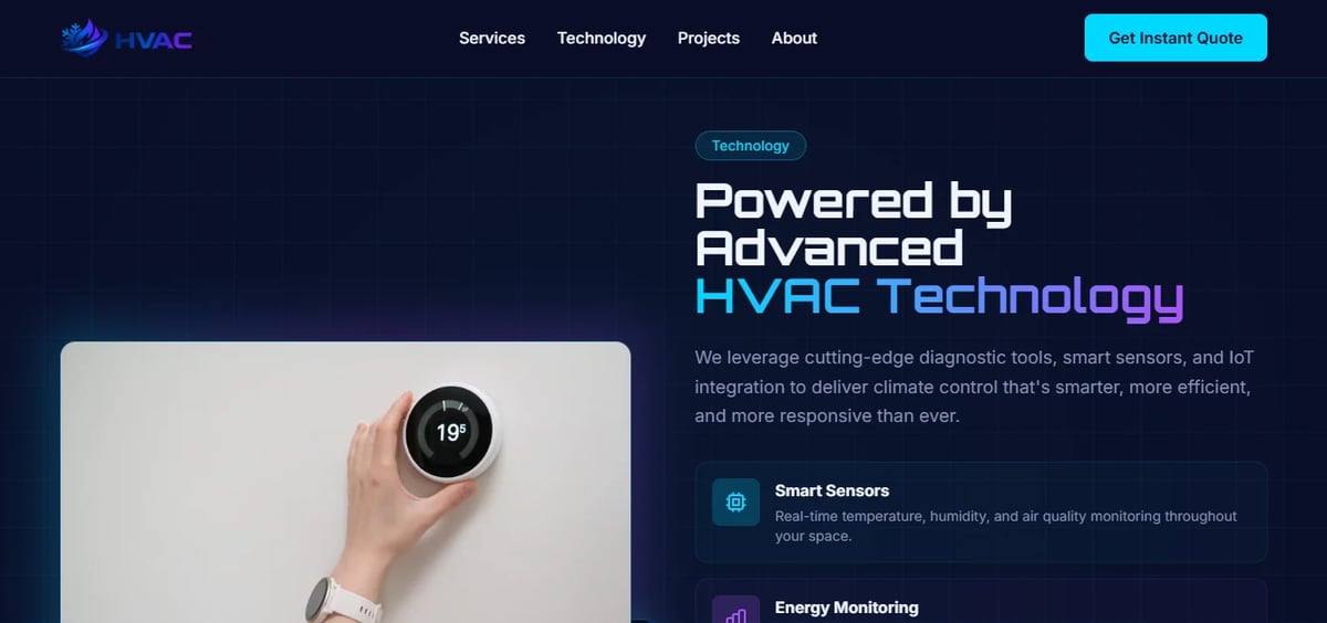 HVAC technology website header showing smart thermostat with advanced climate control