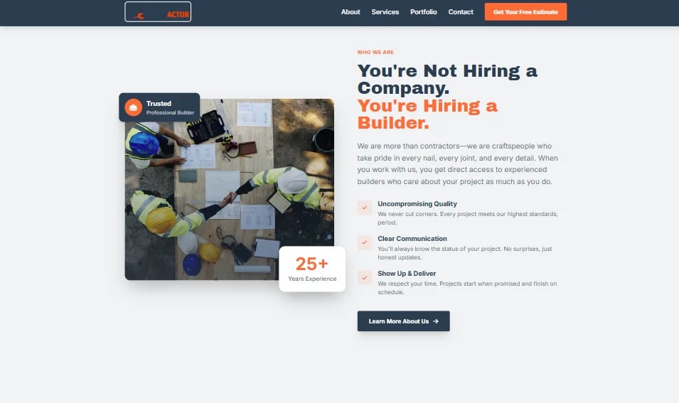 Website header showing construction workers with text Youre Not Hiring a Company, Youre Hiring a Builder